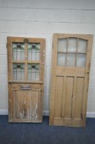 TWO PINE DOORS, the larger one with six glass panes, 81cm x 201cm the smaller one with four lead