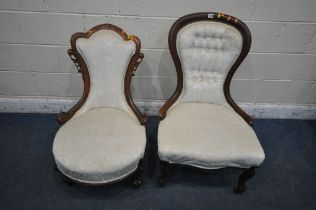 A VICTORIAN MAHOGANY SPOONBACK CHAIR, with beige and foliate upholstery, on front cabriole legs,