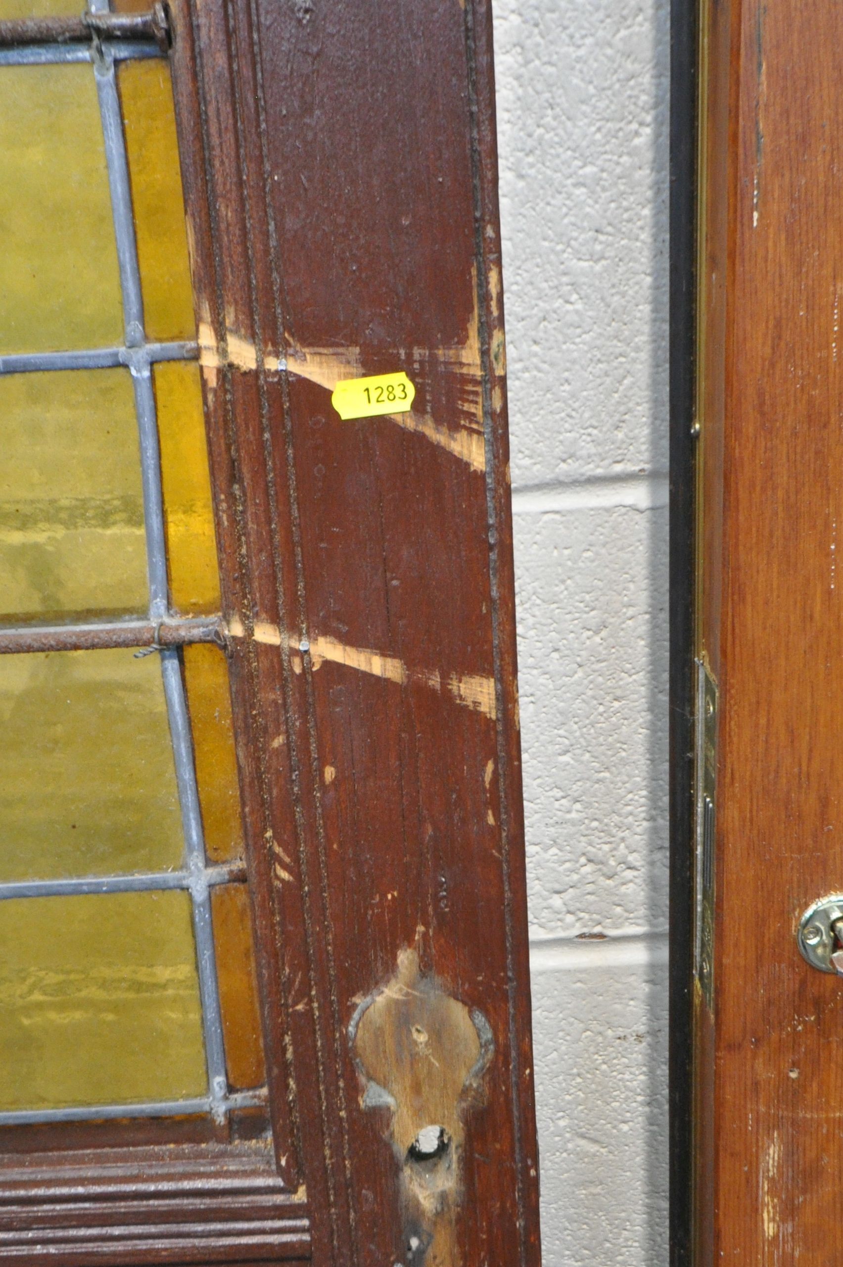 FOUR SIZED INTERNAL DOORS, each with lead glazed stain glass windows, depicting various patterns and - Image 10 of 10