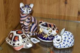 FOUR ROYAL CROWN DERBY PAPERWEIGHTS, comprising Rabbit - gold stopper, Frog - silver stopper, Turtle