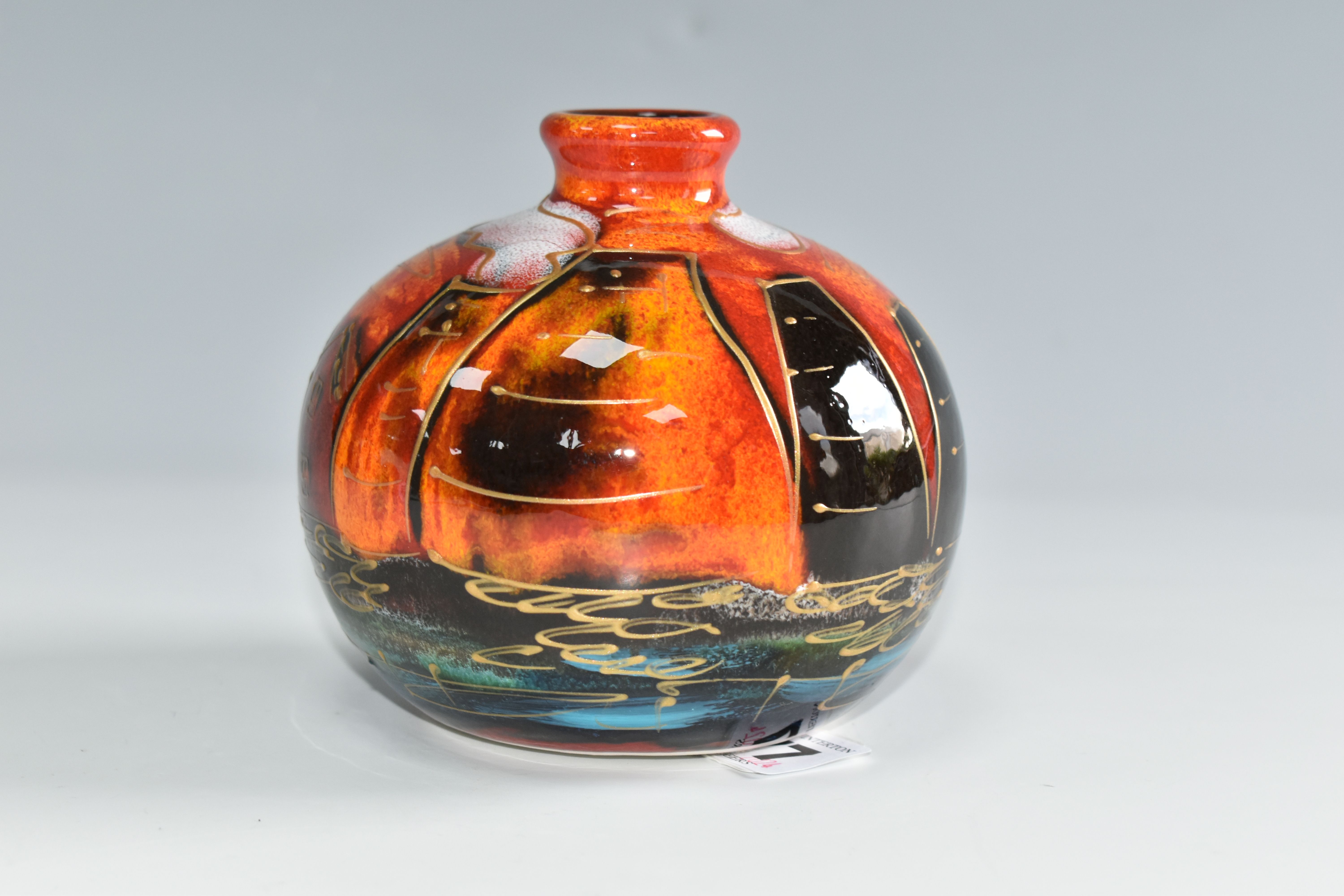 AN ANITA HARRIS ART POTTERY BULBOUS VASE, hand painted black and orange Potteries design, gilt - Image 2 of 5