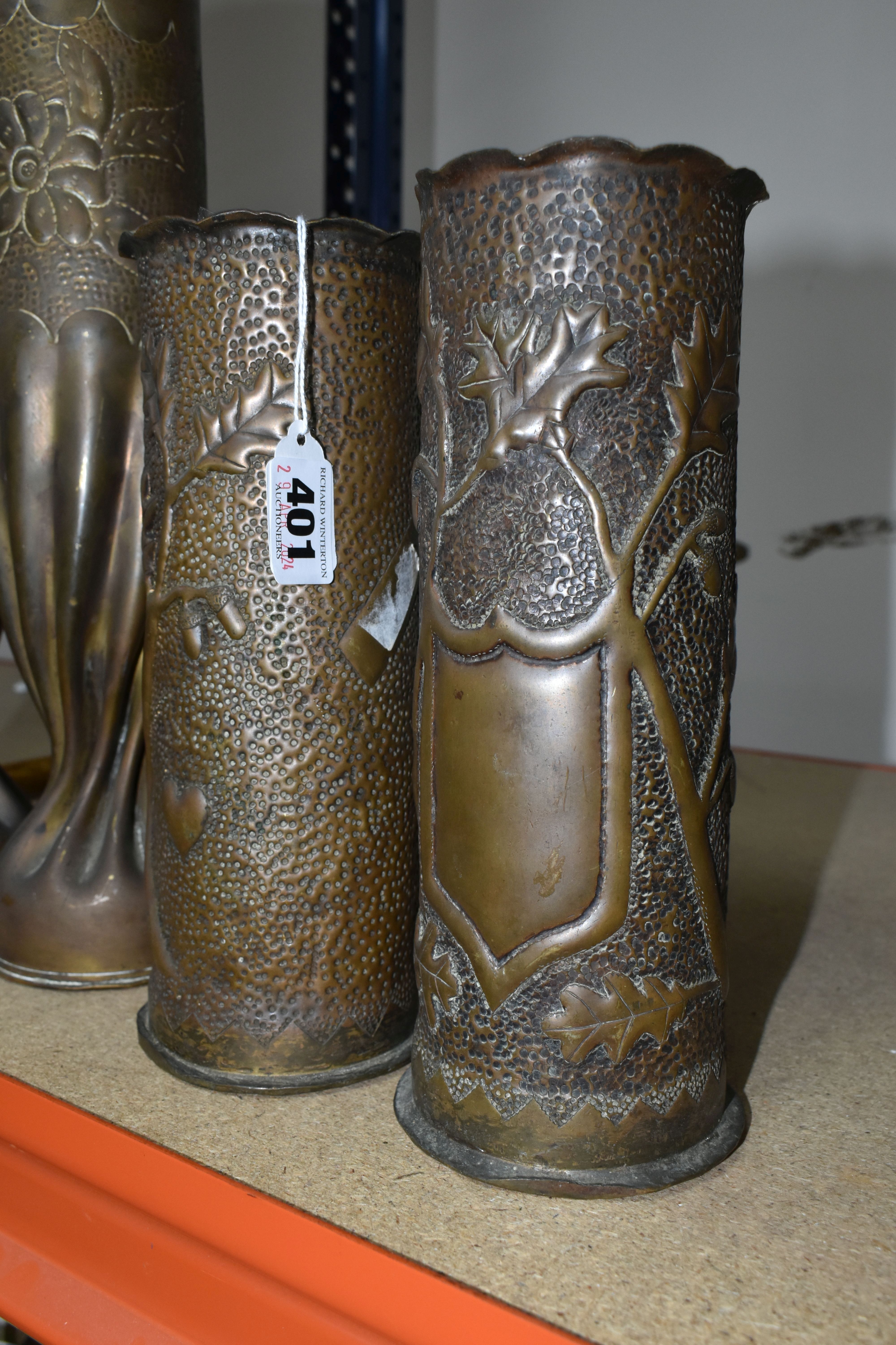 TWO PAIRS OF TRENCH ART VASES, one pair have been twisted at the base and decorated with a rose - Image 3 of 3