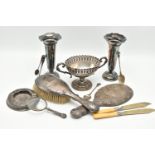 ASSORTED SILVER AND WHITE METAL ITEMS, to include a pair of silver posy vases, with wavy rims and
