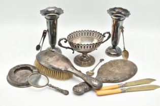 ASSORTED SILVER AND WHITE METAL ITEMS, to include a pair of silver posy vases, with wavy rims and