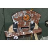 A FRENCH ART DECO MARBLE MANTEL CLOCK AND SIMILAR PHOTOGRAPH FRAME, in a red and grey marble with