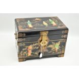 A LATE 20TH CENTURY JAPANESE STYLE BLACK LACQUER JEWELLERY BOX, with decorative brass mounts, gilt