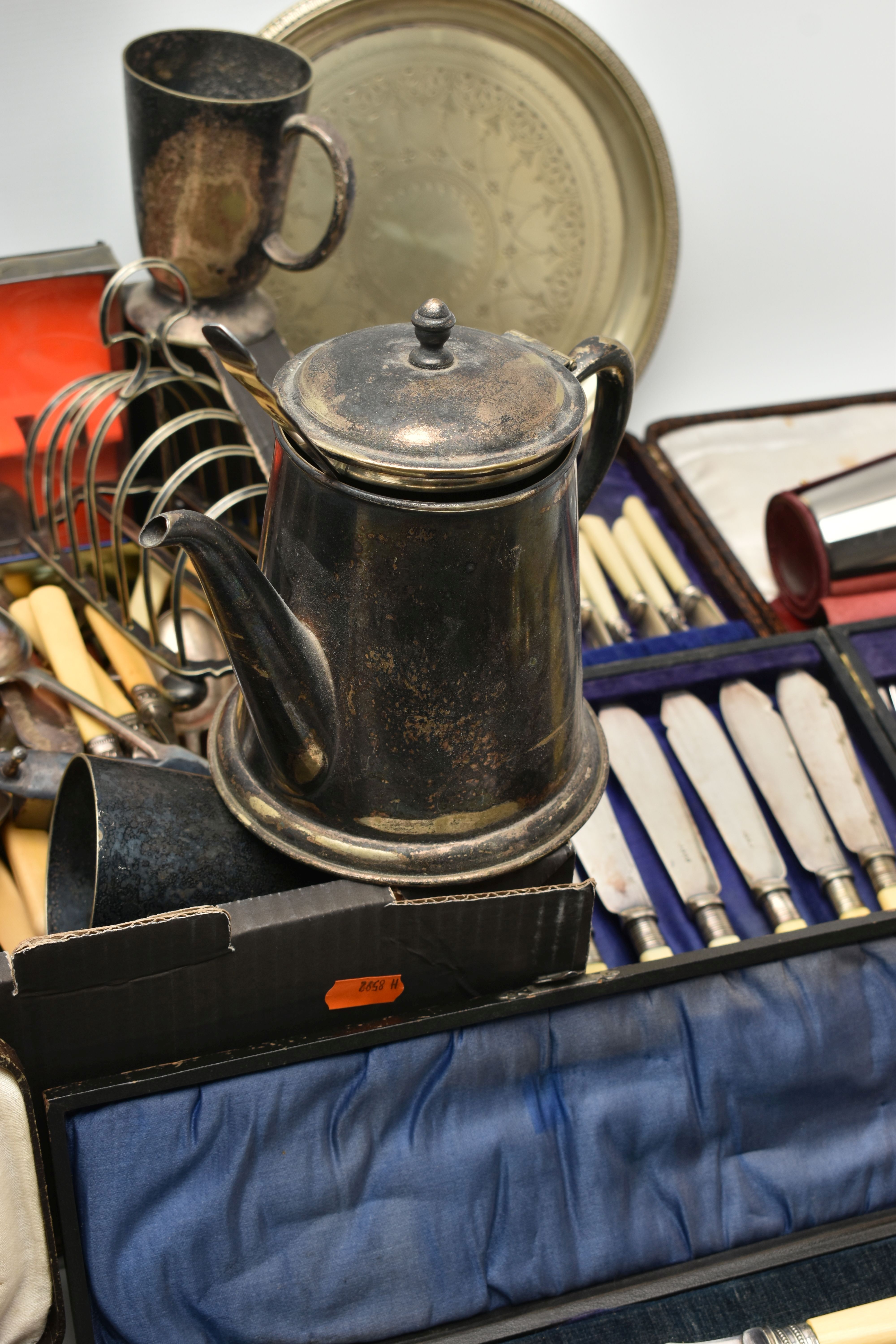 A LARGE BOX OF ASSORTED WHITE METAL, to include tankards, a selection of cased cutlery sets, two - Image 2 of 7