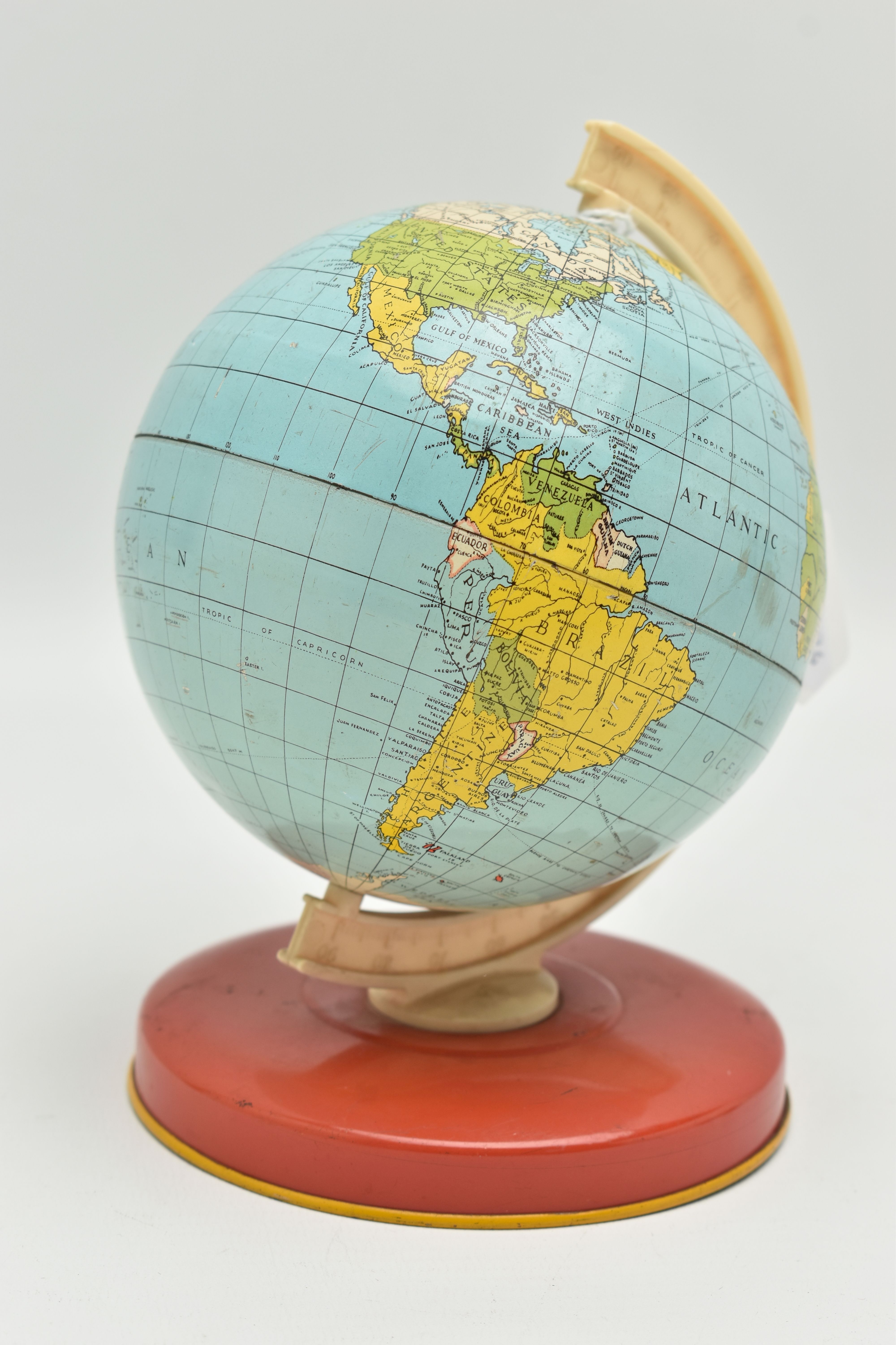 A SECOND HALF 20TH CENTURY CHAD VALLEY STYLE CHILD'S TERRESTRIAL TIN PLATE GLOBE, height 16cm ( - Image 3 of 3