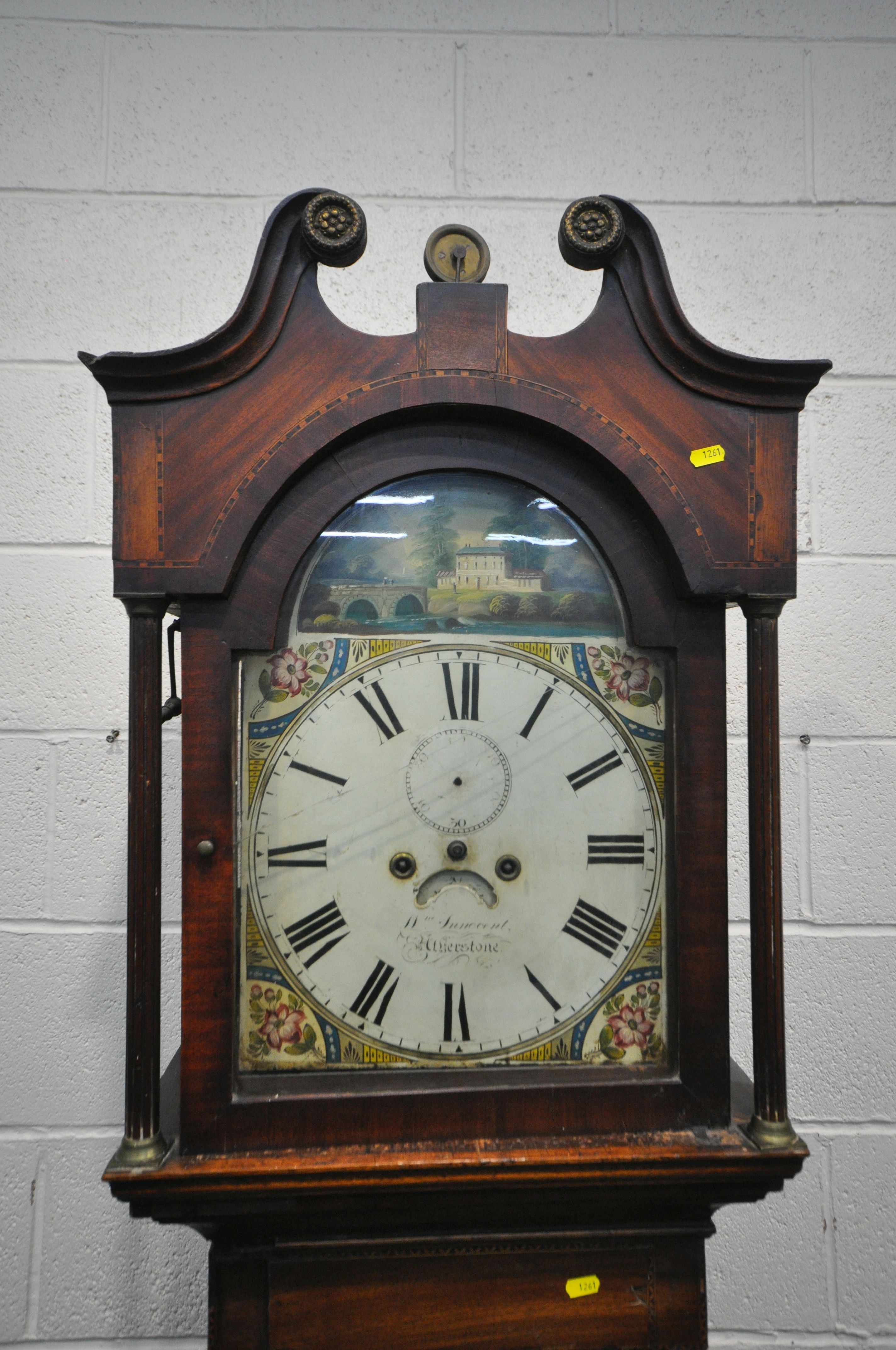 A GEORGIAN OAK EIGHT DAY LONGCASE CLOCK, with swan neck pediment above an arched glazed door, that's - Image 2 of 8