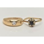 TWO 9CT GOLD RINGS, the first a single circular cut cubic zirconia, star set in a yellow gold