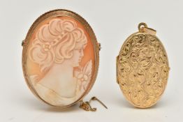 A 9CT GOLD LOCKET AND A SHELL CAMEO BROOCH, a yellow gold oval locket, etched with acanthus