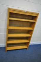 A LIGHT OAK SIX TIER OPEN BOOKCASE, width 90cm x depth 28cm x height 148cm (condition report: