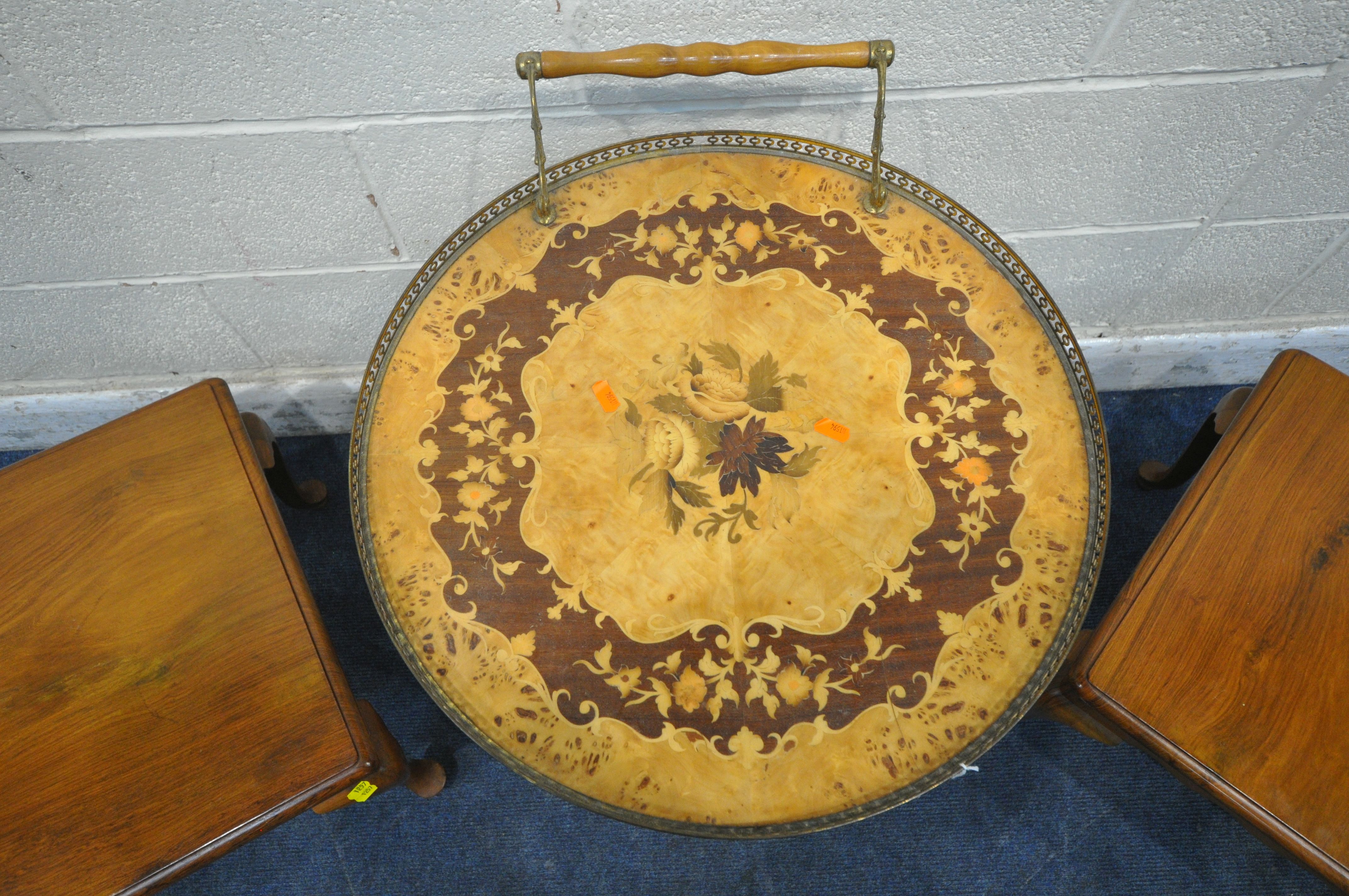 AN ITALIAN CIRCULAR TWO TIER TEA TABLE, each tier with brass gallery, top tier with a single handle, - Image 2 of 5