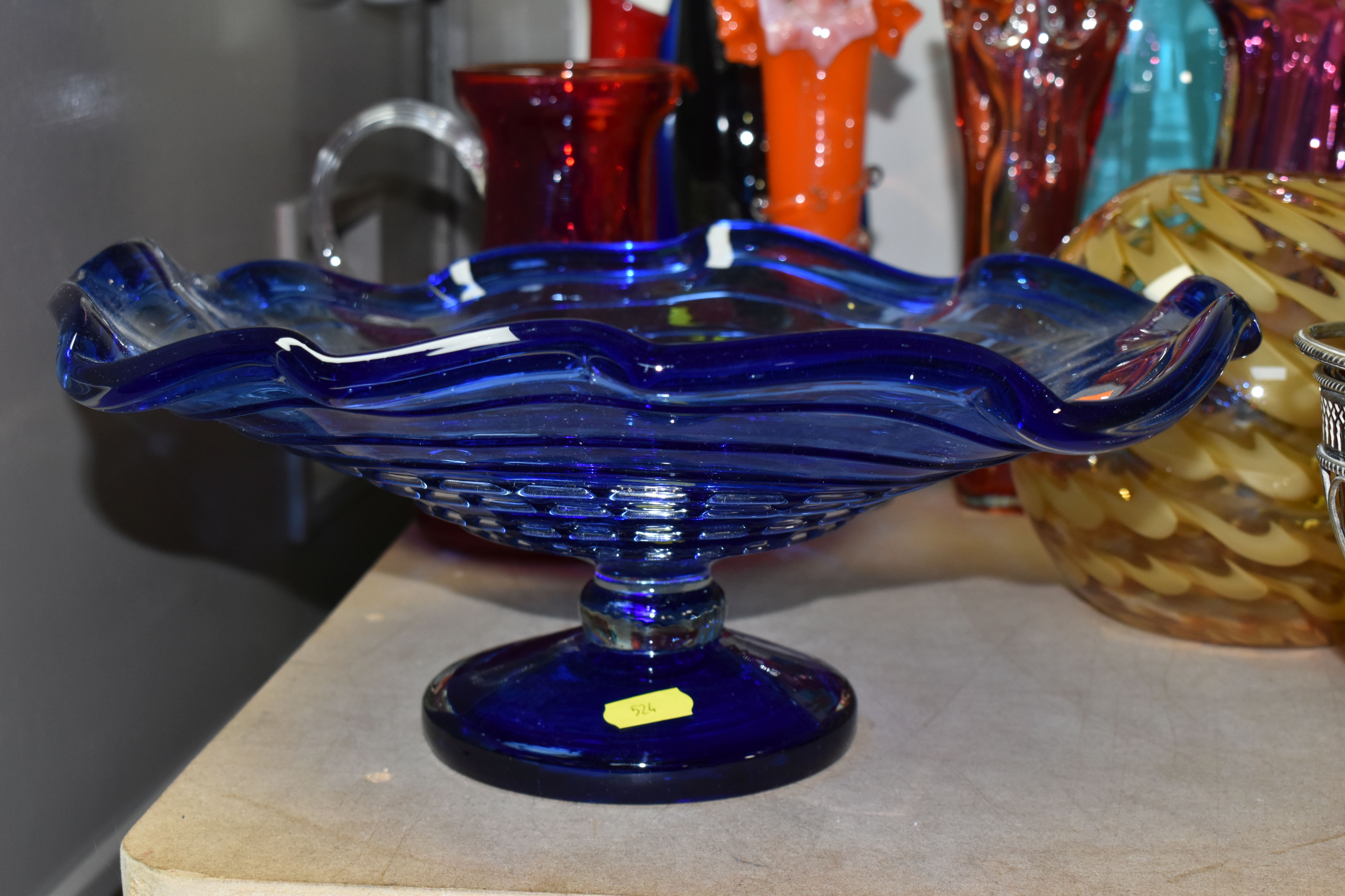 A SELECTION OF DECORATIVE COLOURED GLASSWARES ETC, to include blue and purple pedestal bowls, a tall - Image 2 of 10