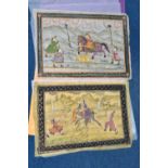 TWO 20TH CENTURY INDIAN / PERSIAN PAINTINGS ON SILK, the first depicting a hunting scene with a