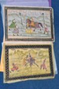 TWO 20TH CENTURY INDIAN / PERSIAN PAINTINGS ON SILK, the first depicting a hunting scene with a