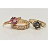 THREE GEM SET RINGS, the first a sapphire floral cluster, hallmarked 9ct London, ring size N, the
