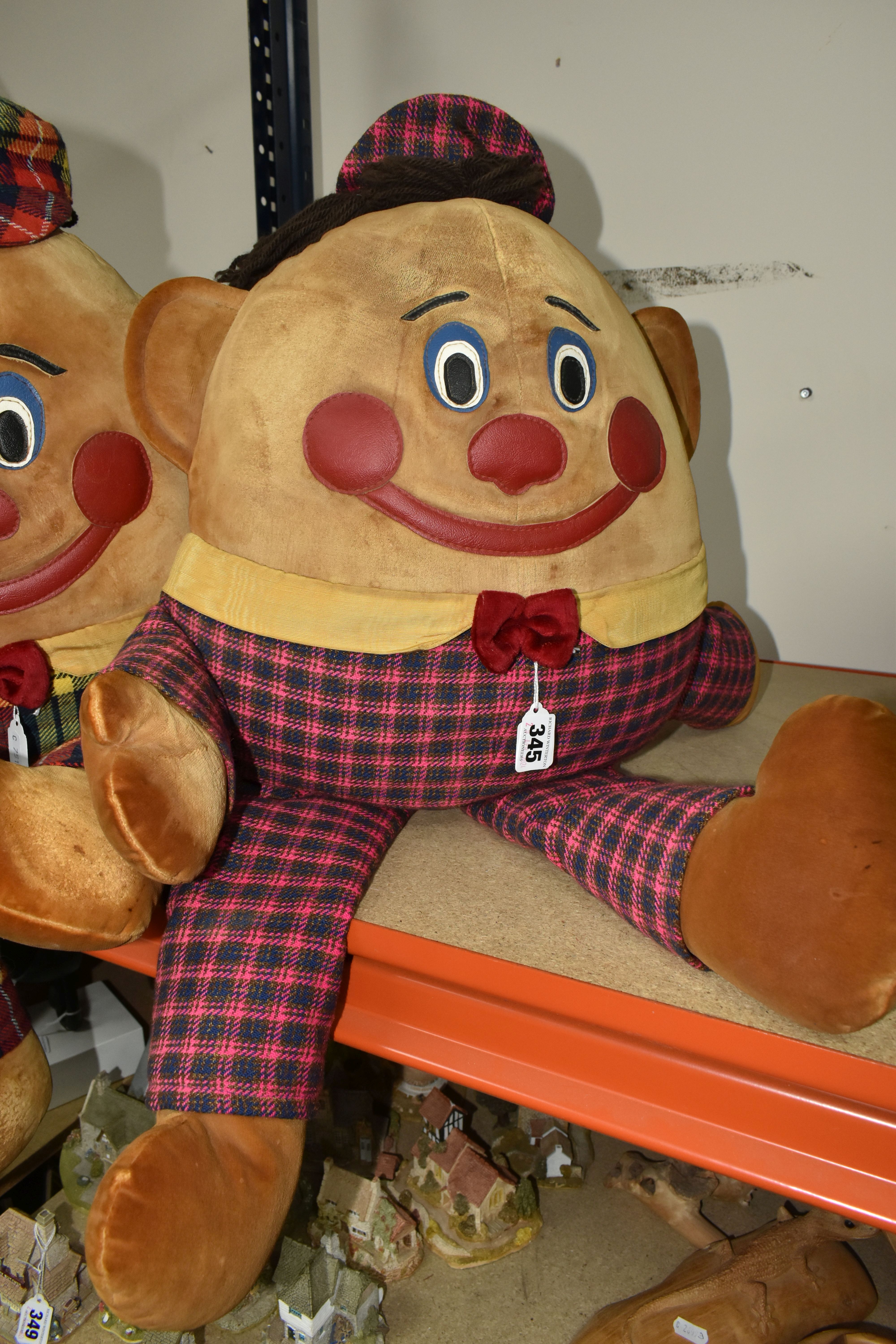 TWO LARGE MID-CENTURY 'HUMPTY-DUMPTY' SOFT TOYS, both wearing checked trousers, caps and red - Image 2 of 3