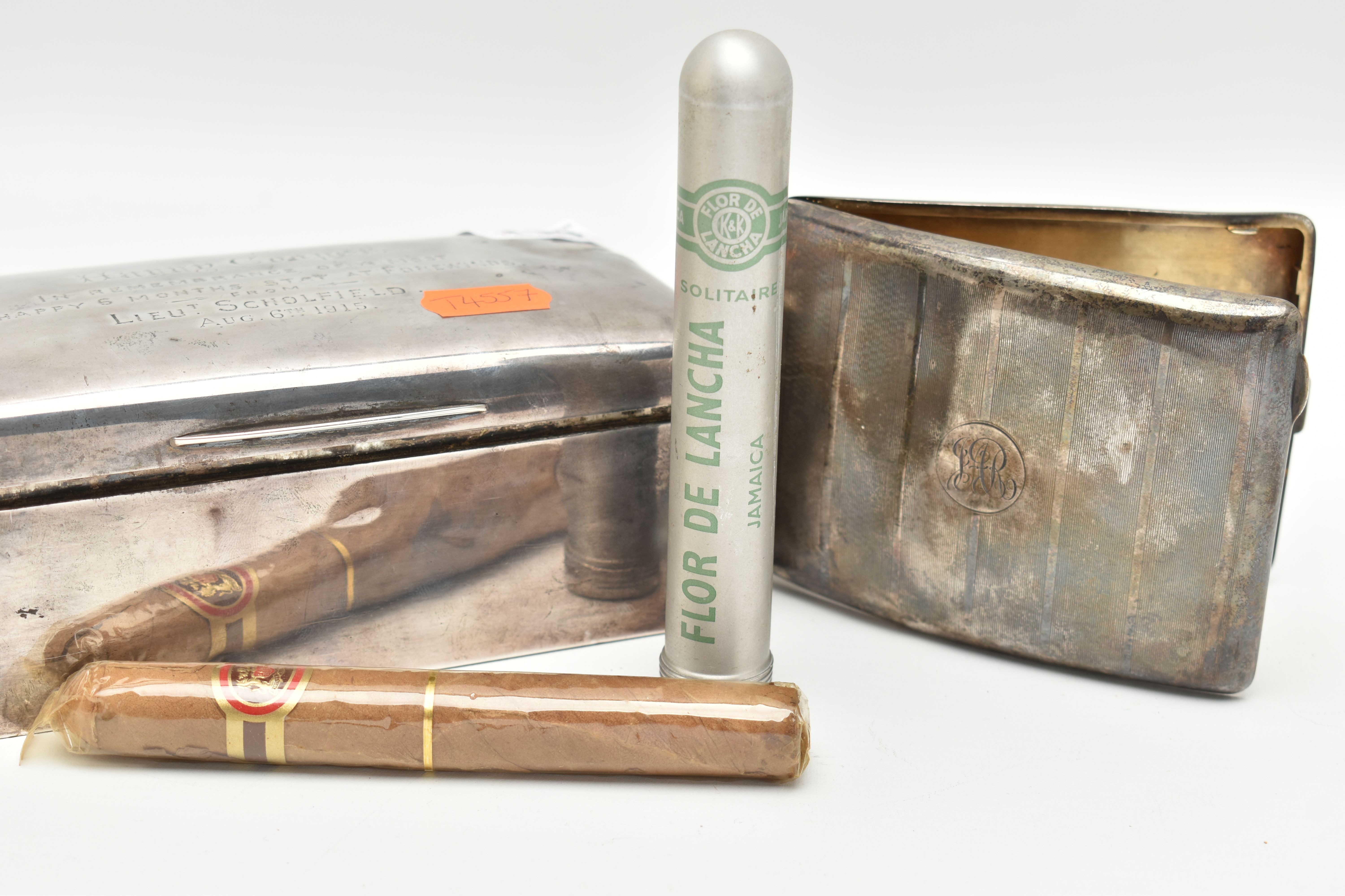A SILVER TABLE TOP CIGARETTE BOX AND A CIGARETTE CASE, a polished rectangular hinged box, personal - Image 3 of 5