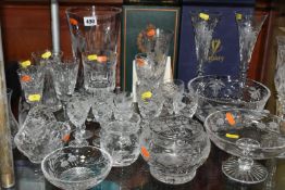 A SELECTION OF FLORAL ETCHED CRYSTAL GLASSWARES, to include a boxed Webb Corbett limited edition