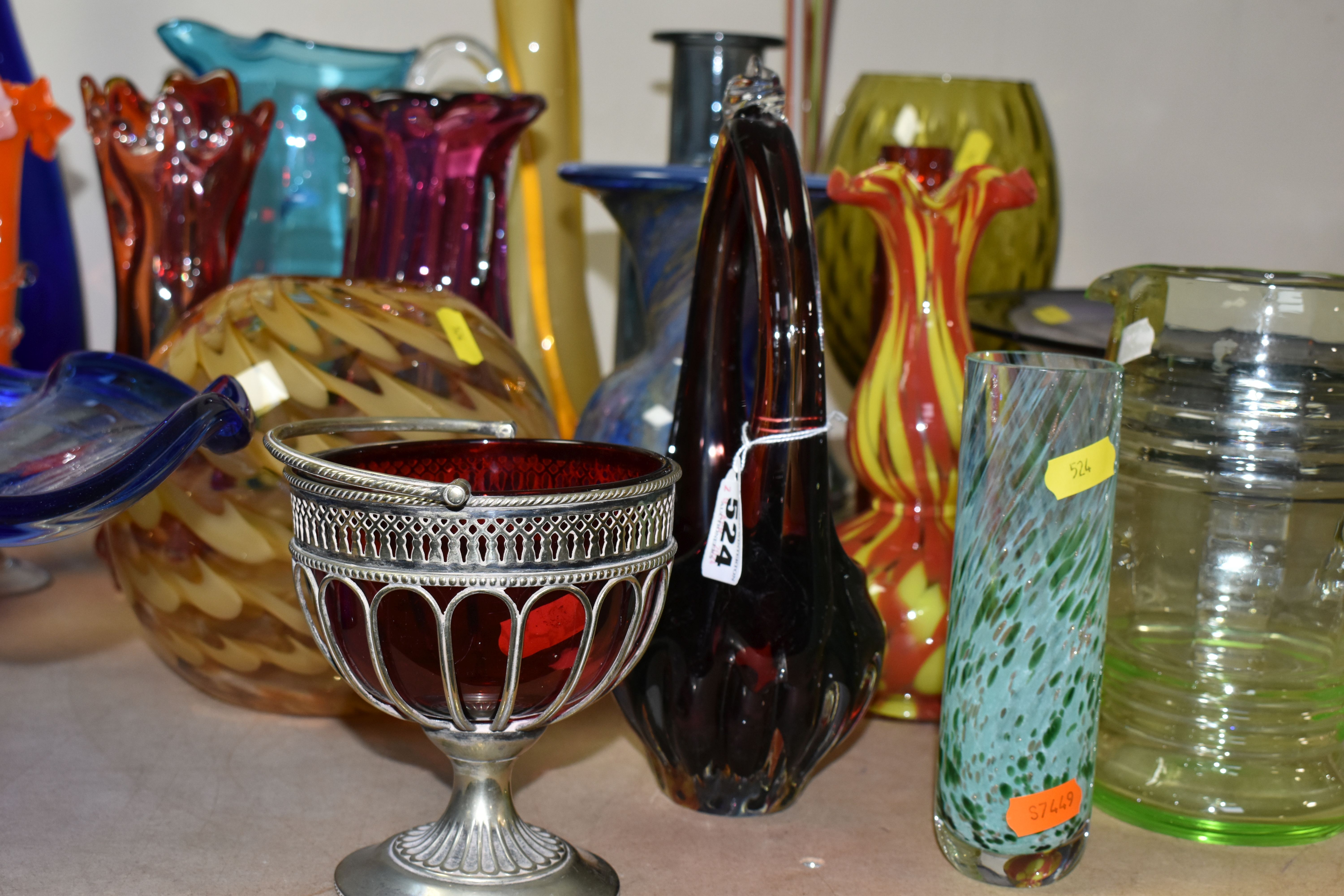 A SELECTION OF DECORATIVE COLOURED GLASSWARES ETC, to include blue and purple pedestal bowls, a tall - Image 3 of 10