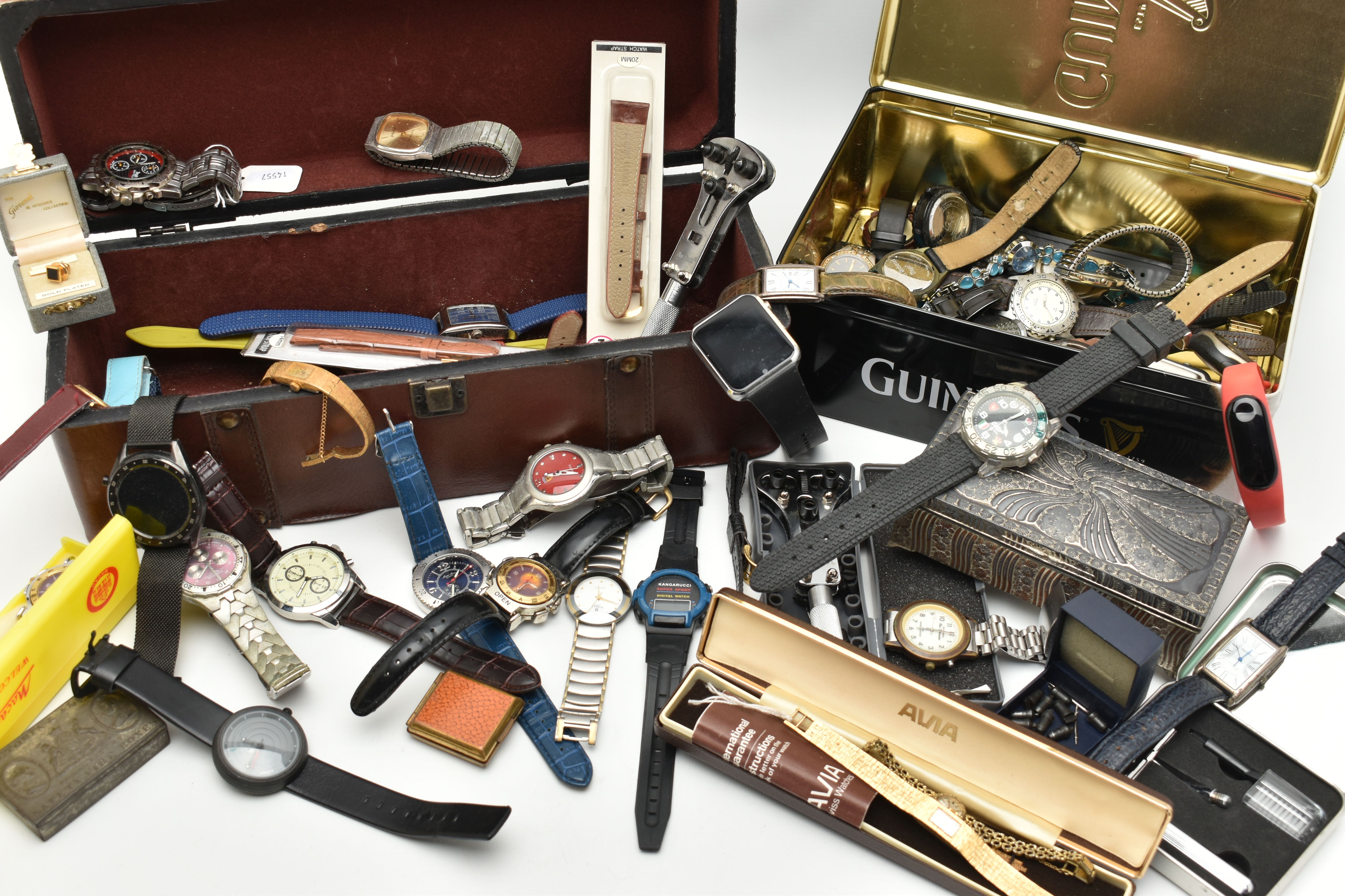 A BOX OF ASSORTED WRISTWATCHES AND ITEMS, to include a wooden box and a tin of mostly quartz fashion