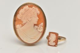 A 9CT GOLD CAMEO RING AND A CAMEO BROOCH, the rectangular carved shell cameo, depicting a lady in