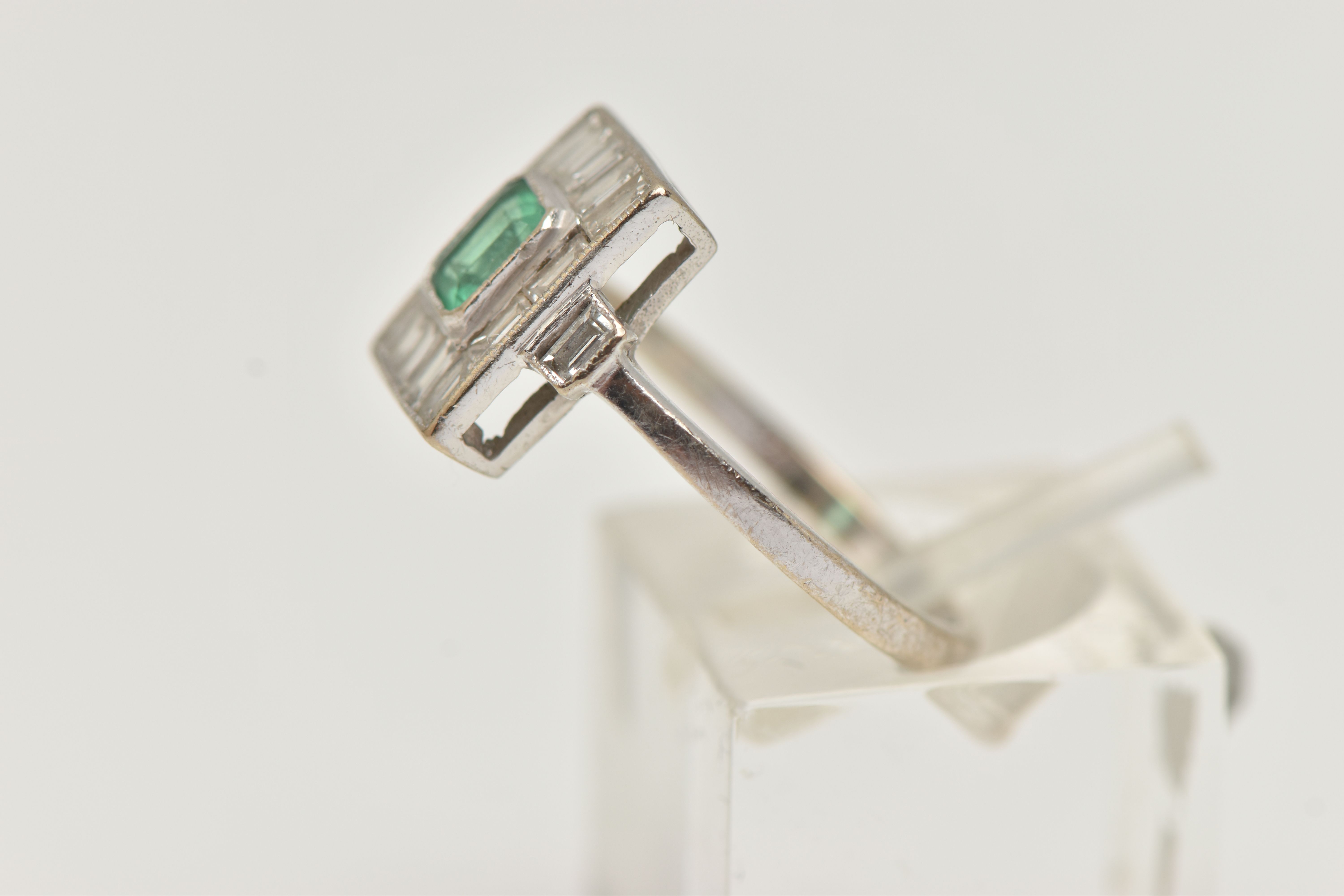 A WHITE METAL EMERALD AND DIAMOND RING, Art Deco style, the centre set with an emerald cut emerald - Image 2 of 4