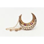 A LATE VICTORIAN SPLIT PEARL, RUBY AND DIAMOND CRESCENT BROOCH, the outer crescent set with