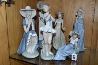 SIX NAO FIGURES, female figures to include a ballerina, a girl with a bird, etc., height of