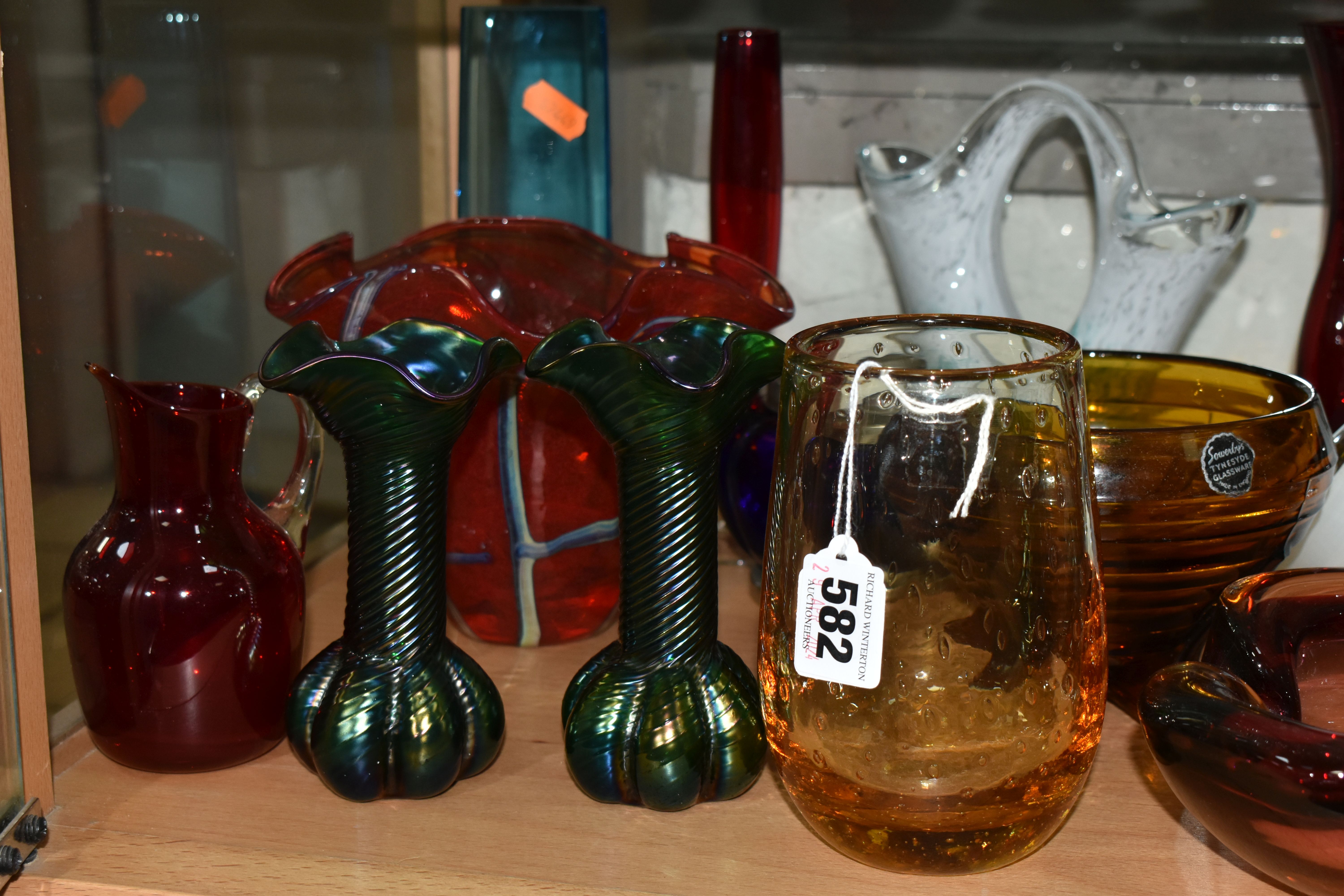 A GROUP OF COLOURED GLASS, to include a pair of green Kralik iridescent lobed vases with wavy