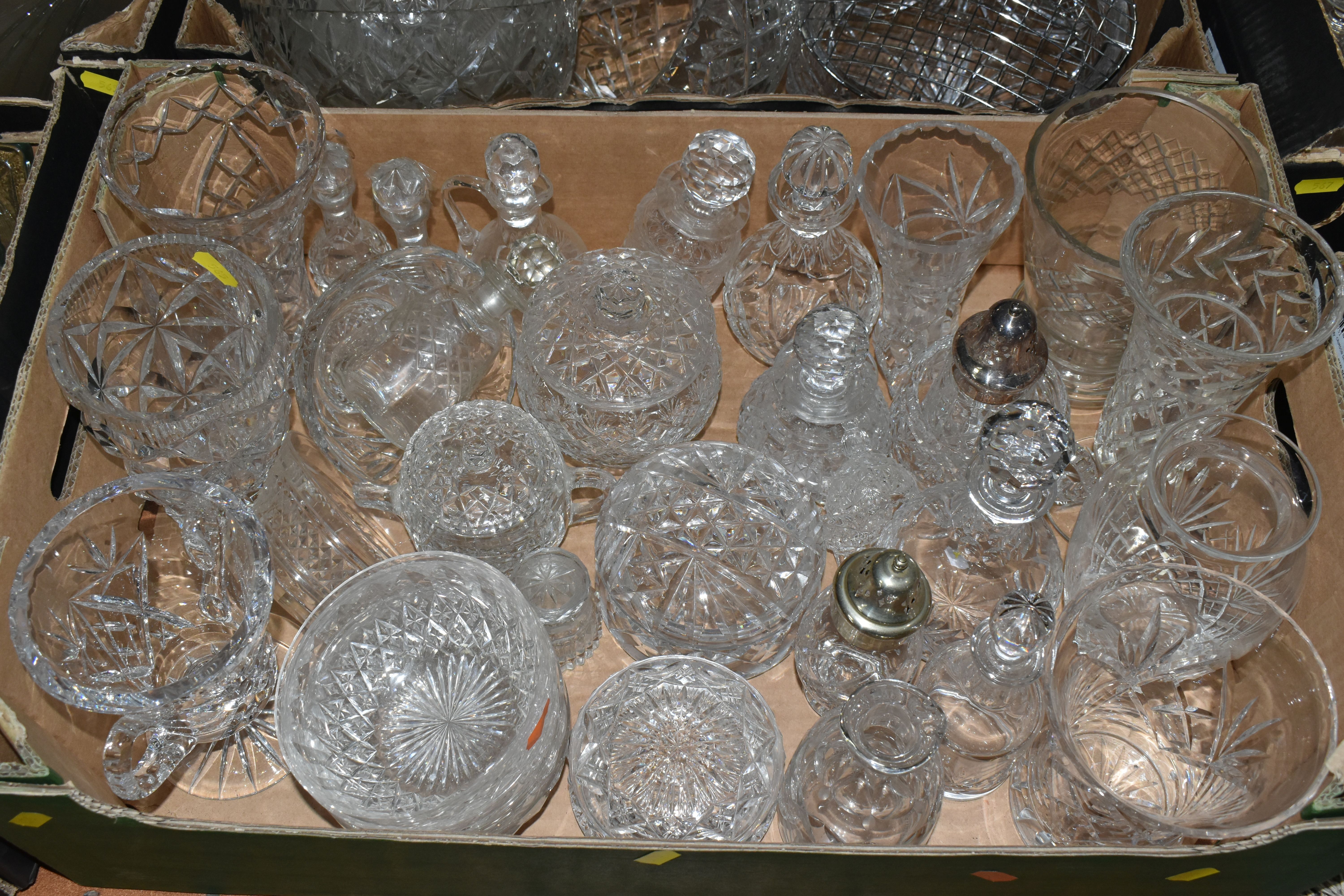 FOUR BOXES OF GLASSWARE, to include oil and vinegar decanters, vases, fruit bowls, light shade, - Image 3 of 5