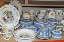 A GROUP OF WEDGWOOD JASPERWARE AND ROYAL DOULTON BUNNYKINS BREAKFAST WARE, comprising seven blue