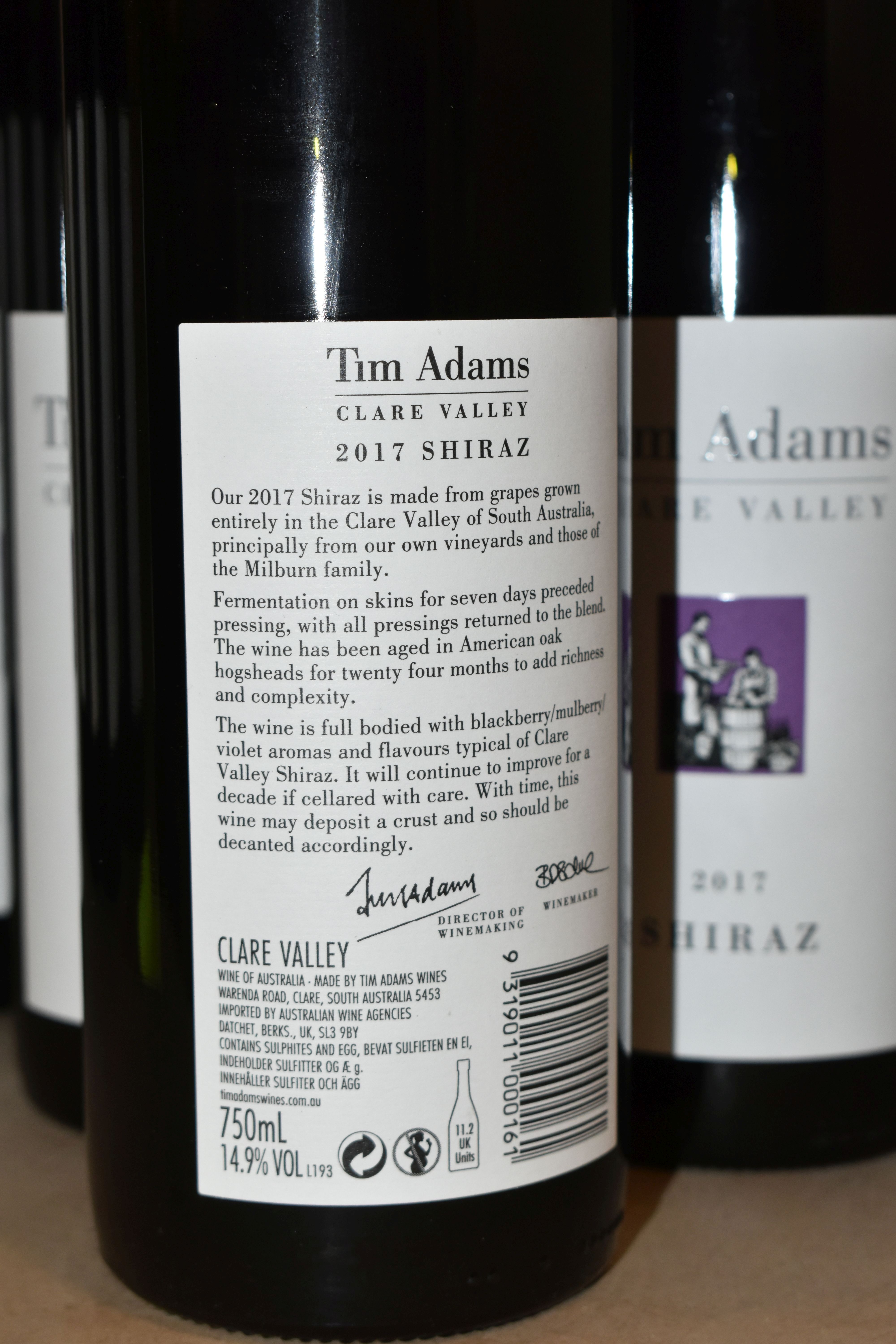 WINE, Twelve Bottles of TIM ADAMS CLARE VALLEY SHIRAZ 2017 (Aus) 14.9% vol. 750ml, all seals intact - Image 2 of 3