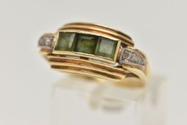 A TOURMALINE AND DIAMOND RING, designed as three square cut tourmalines in a channel setting, with