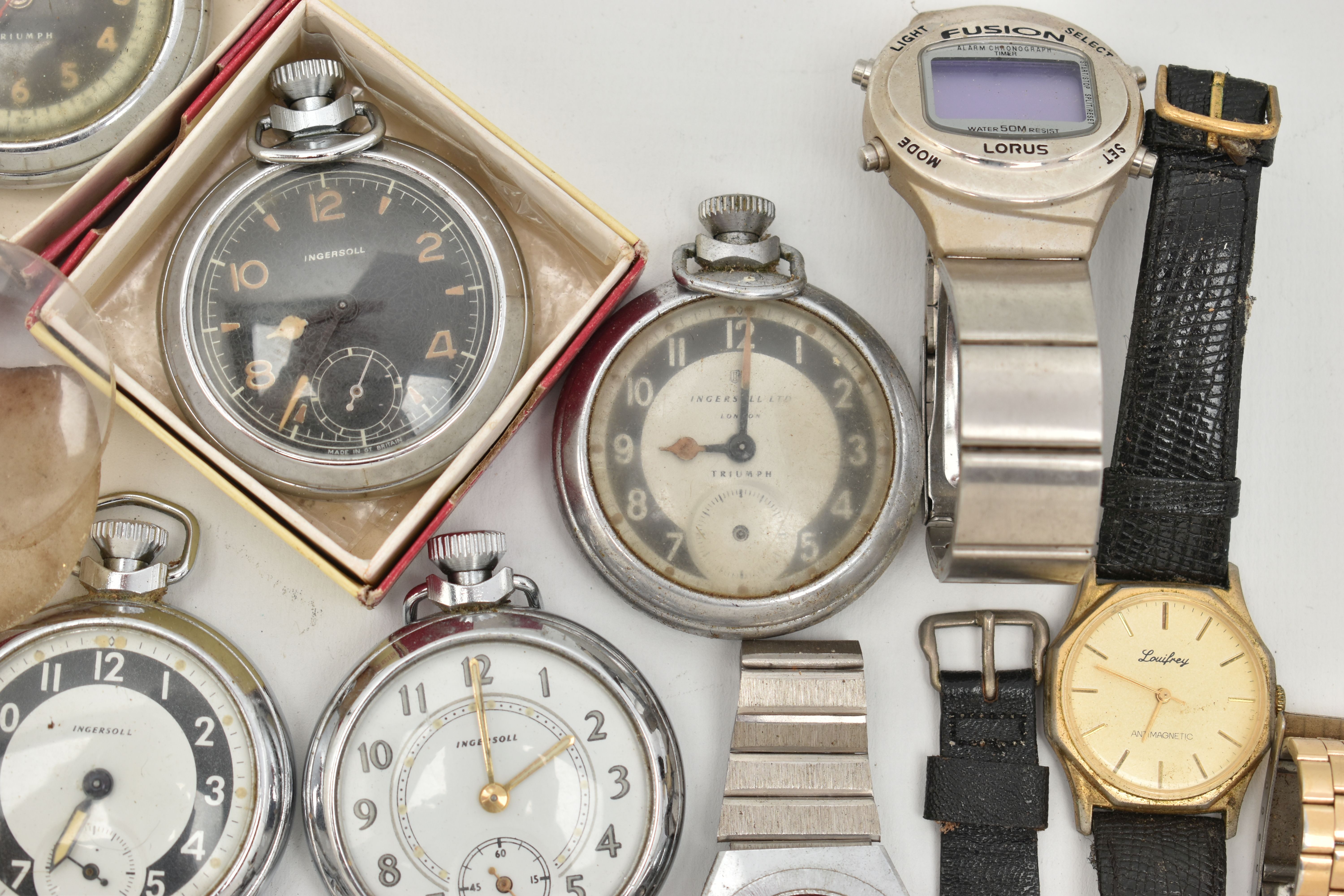 A BOX OF ASSORTED WATCHES, to include twelve 'Ingersoll' pocket watches, together with eight - Image 7 of 7