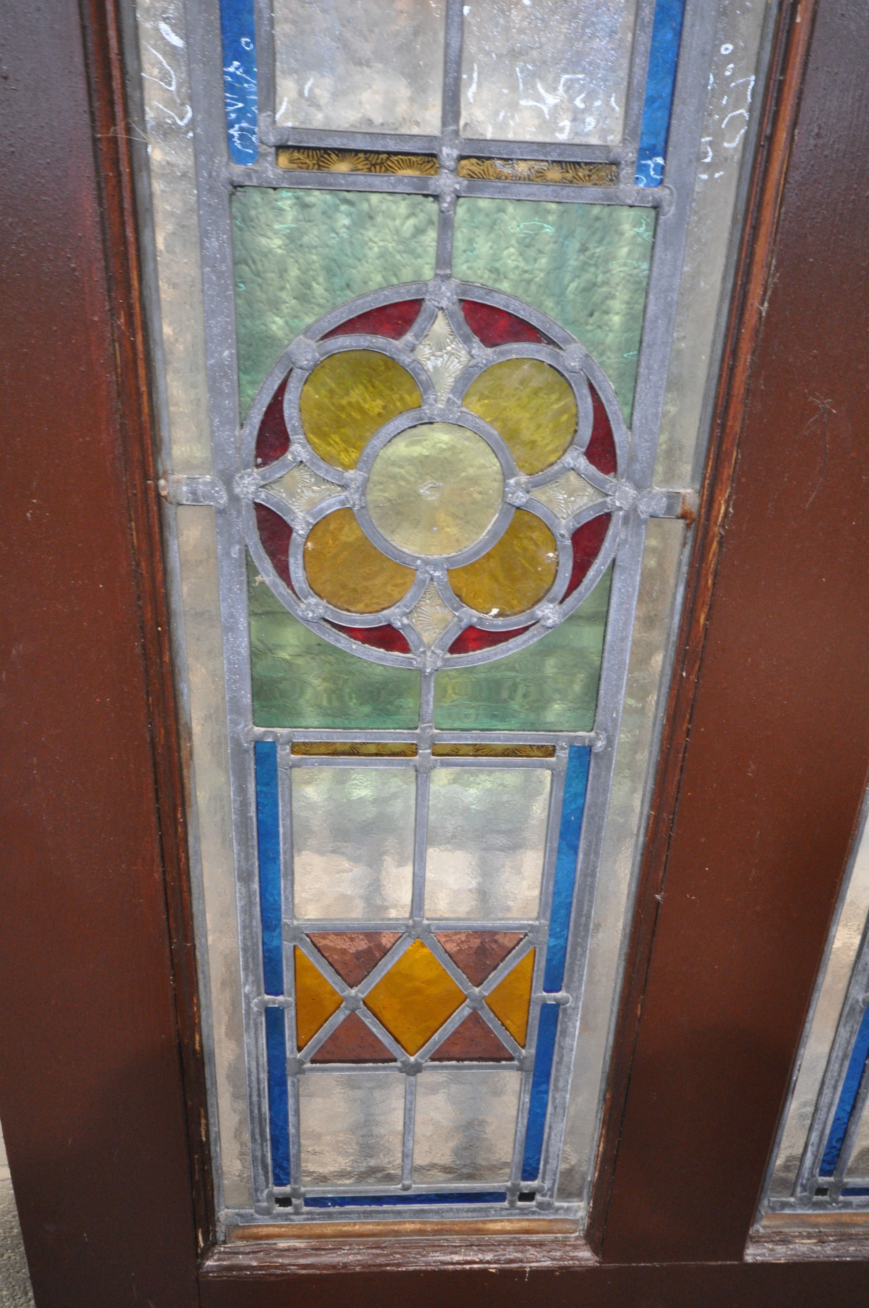 FOUR SIZED INTERNAL DOORS, each with lead glazed stain glass windows, depicting various patterns and - Image 7 of 10