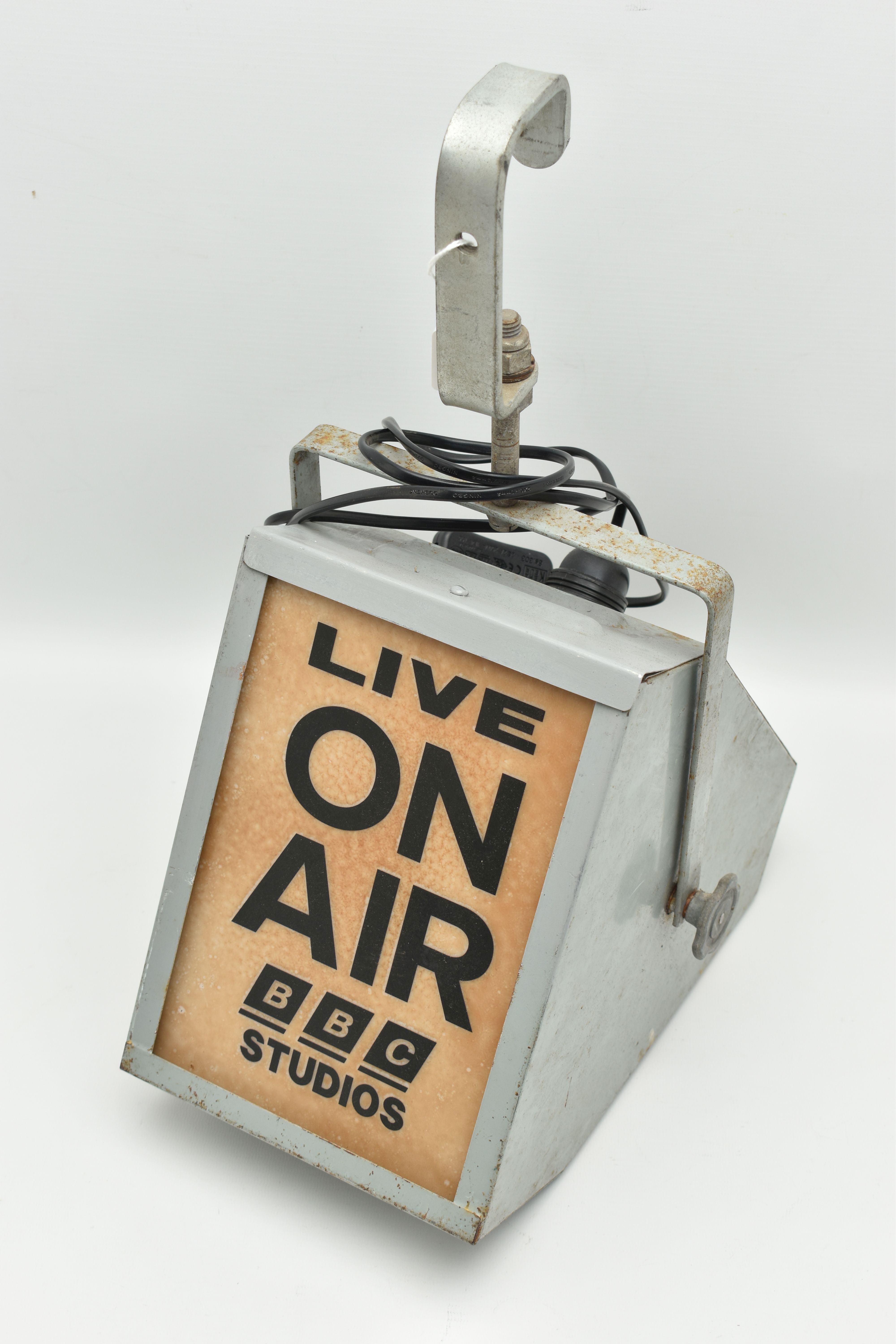 A VINTAGE BBC STUDIOS 'LIVE ON AIR' HANGING LIGHT IN A GREY PAINTED METAL HOUSING, the panel - Image 2 of 5