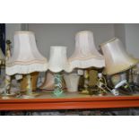 A LARGE QUANTITY OF TABLE LAMPS AND SHADES, comprising eight onyx lamp bases, a chrome desk lamp and