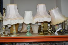 A LARGE QUANTITY OF TABLE LAMPS AND SHADES, comprising eight onyx lamp bases, a chrome desk lamp and