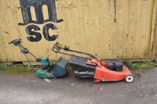 TWO PETROL LAWN MOWERS FOR SPARES OR REPAIRS comprising a Mountfield with grass box (engine pulls