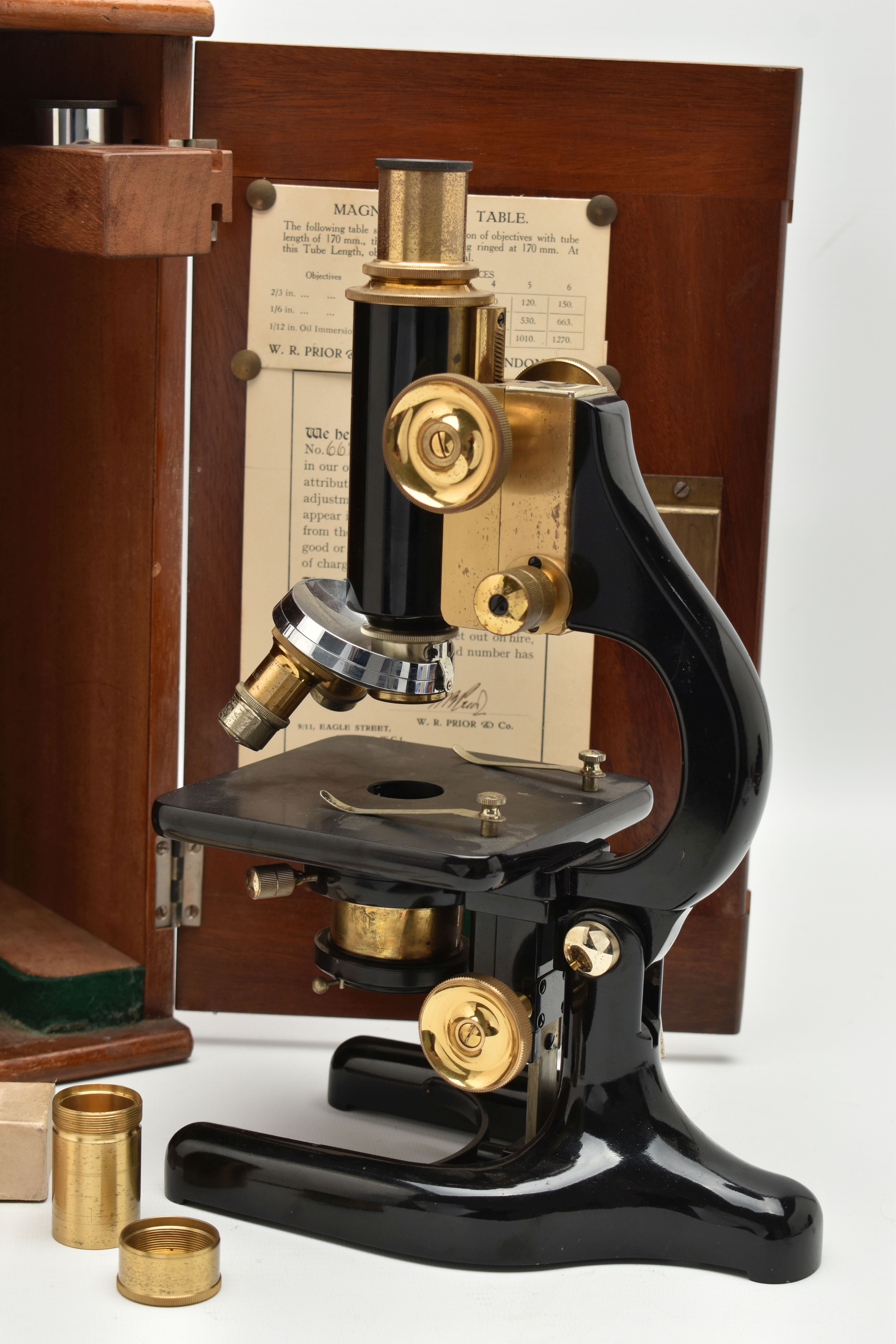 A CASED W.R. PRIOR & CO OF LONDON MONOCULAR MICROSCOPE, no.6622, the fitted case with guarantee - Image 7 of 7