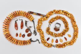 AN ASSORTMENT OF AMBER JEWELLERY, to include a large statement necklace, comprised of thirty nine