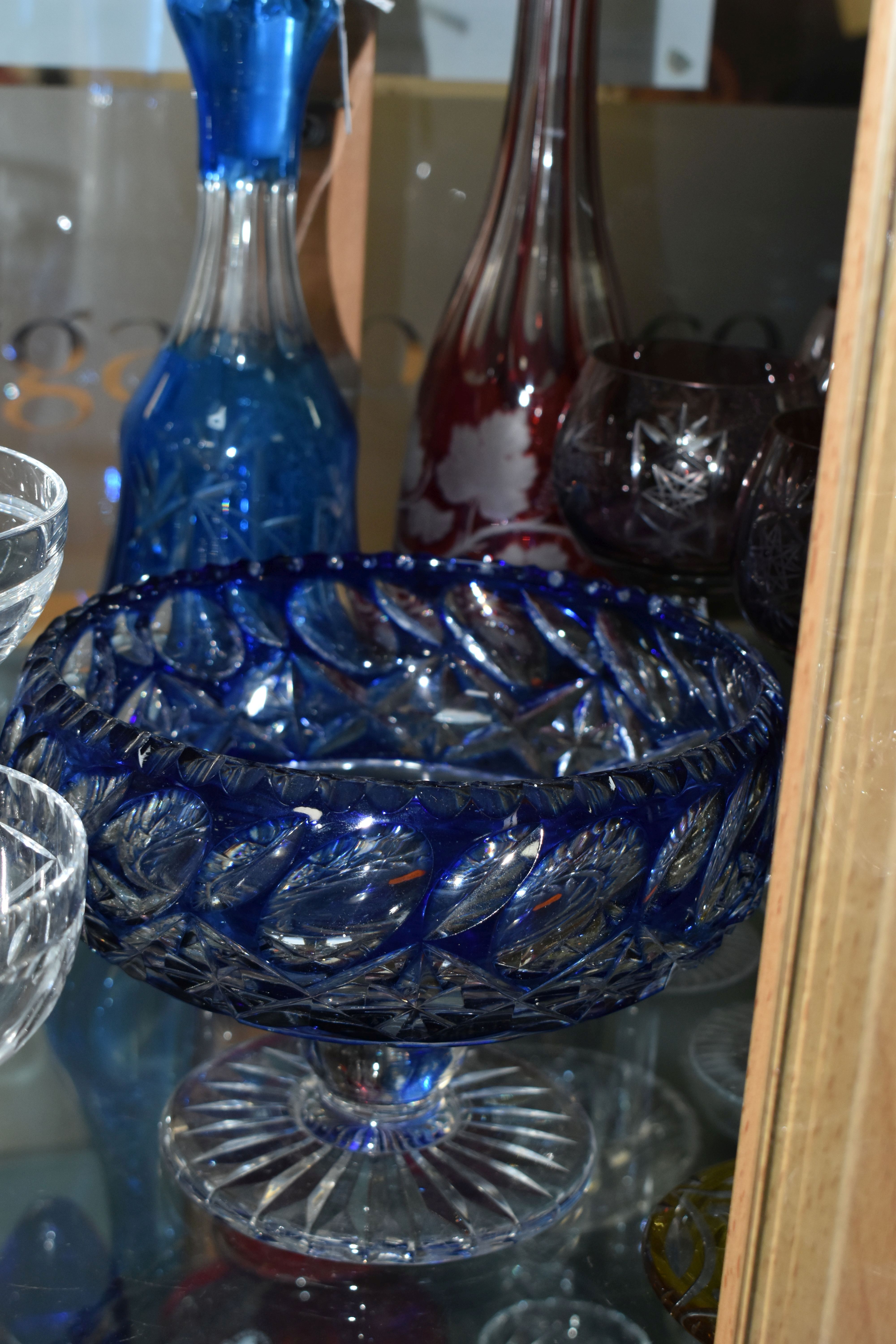 A GROUP OF COLOURED CUT CRYSTAL, to include six cranberry coloured wine glasses, decanter (damaged - Image 2 of 8