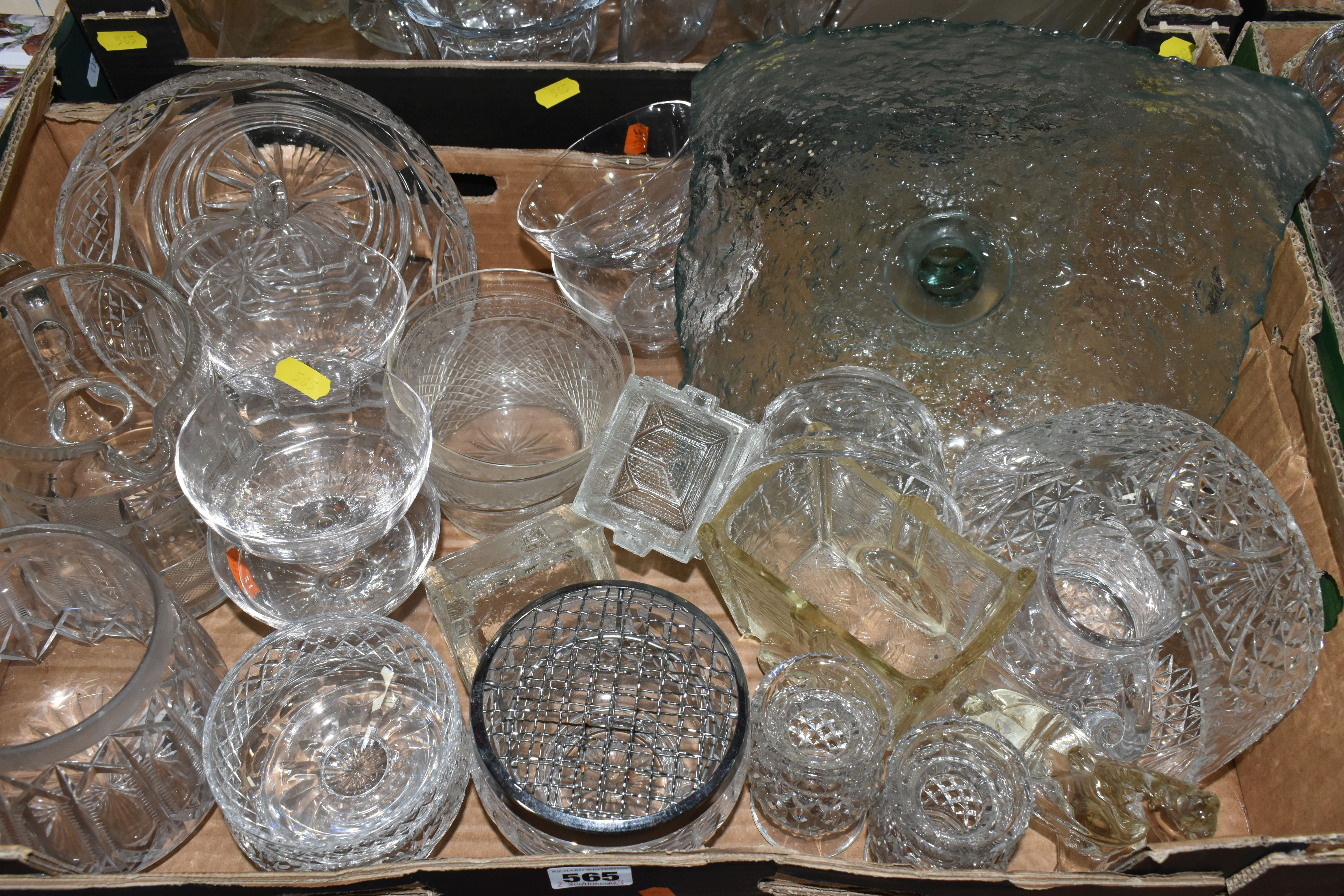 FOUR BOXES OF GLASSWARE, to include oil and vinegar decanters, vases, fruit bowls, light shade, - Image 2 of 5