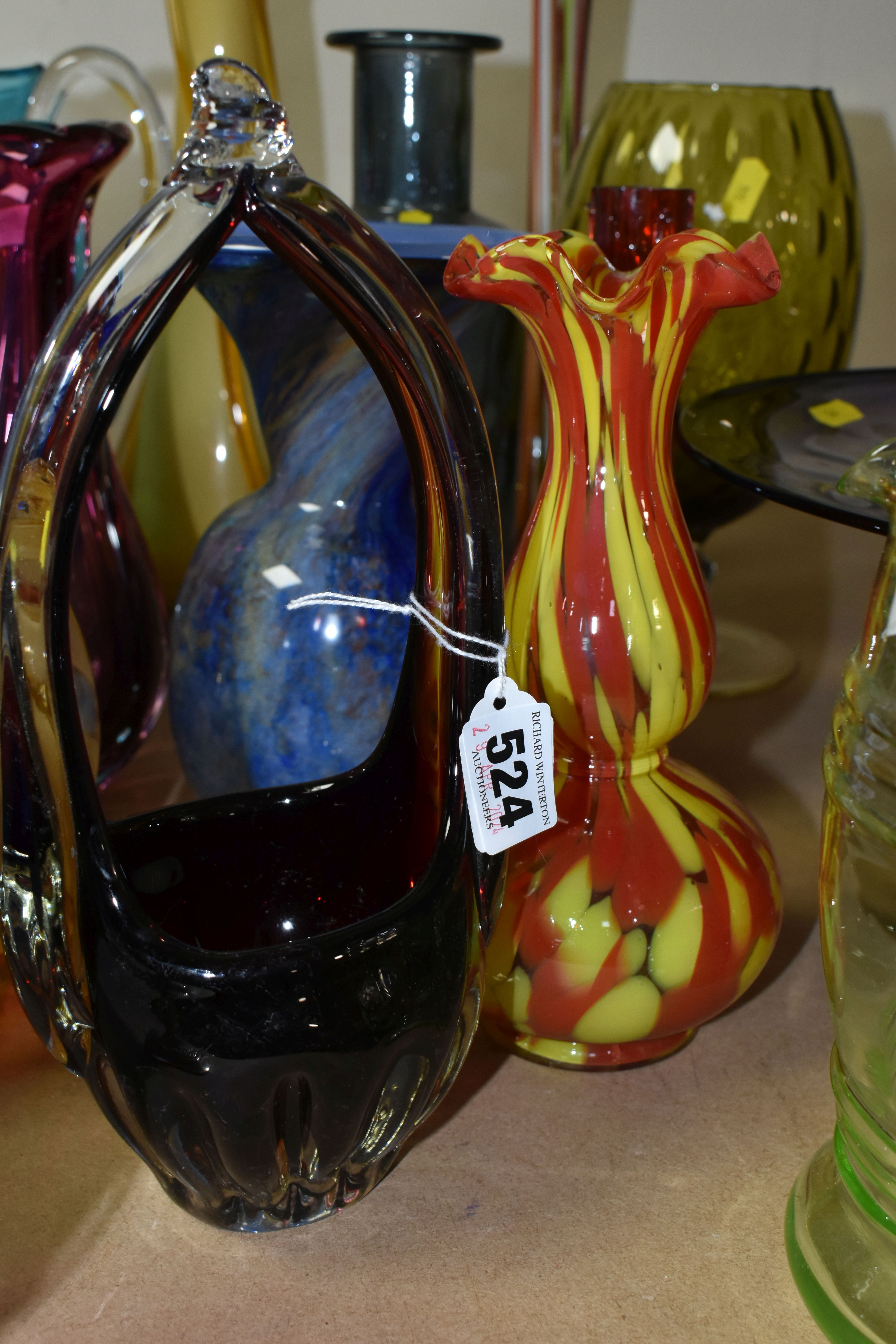 A SELECTION OF DECORATIVE COLOURED GLASSWARES ETC, to include blue and purple pedestal bowls, a tall - Image 9 of 10