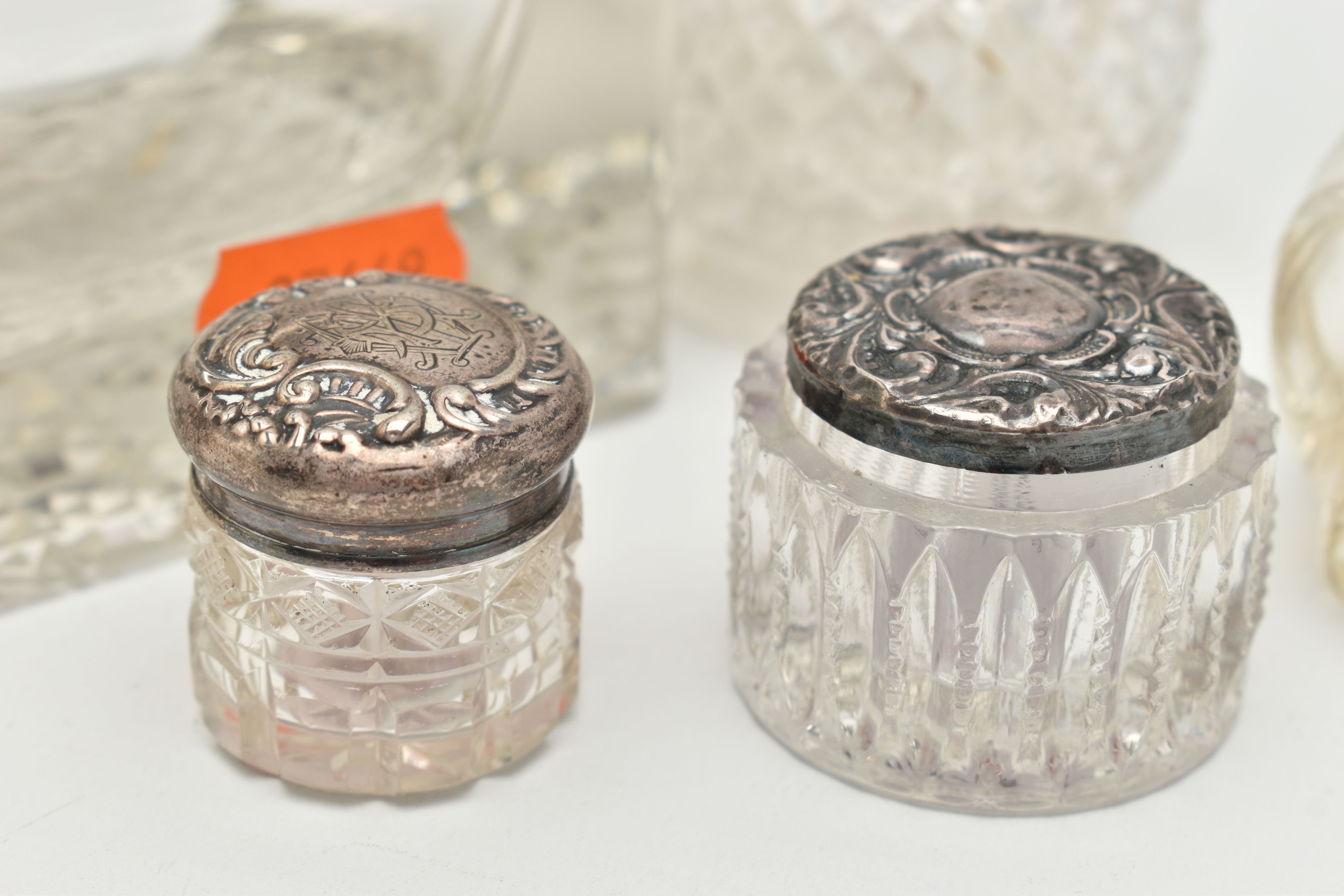 A SMALL ASSORTMENT OF SILVER TOPPED GLASS JARS, to include a silver lidded inkwell, hallmarked ' - Image 4 of 6