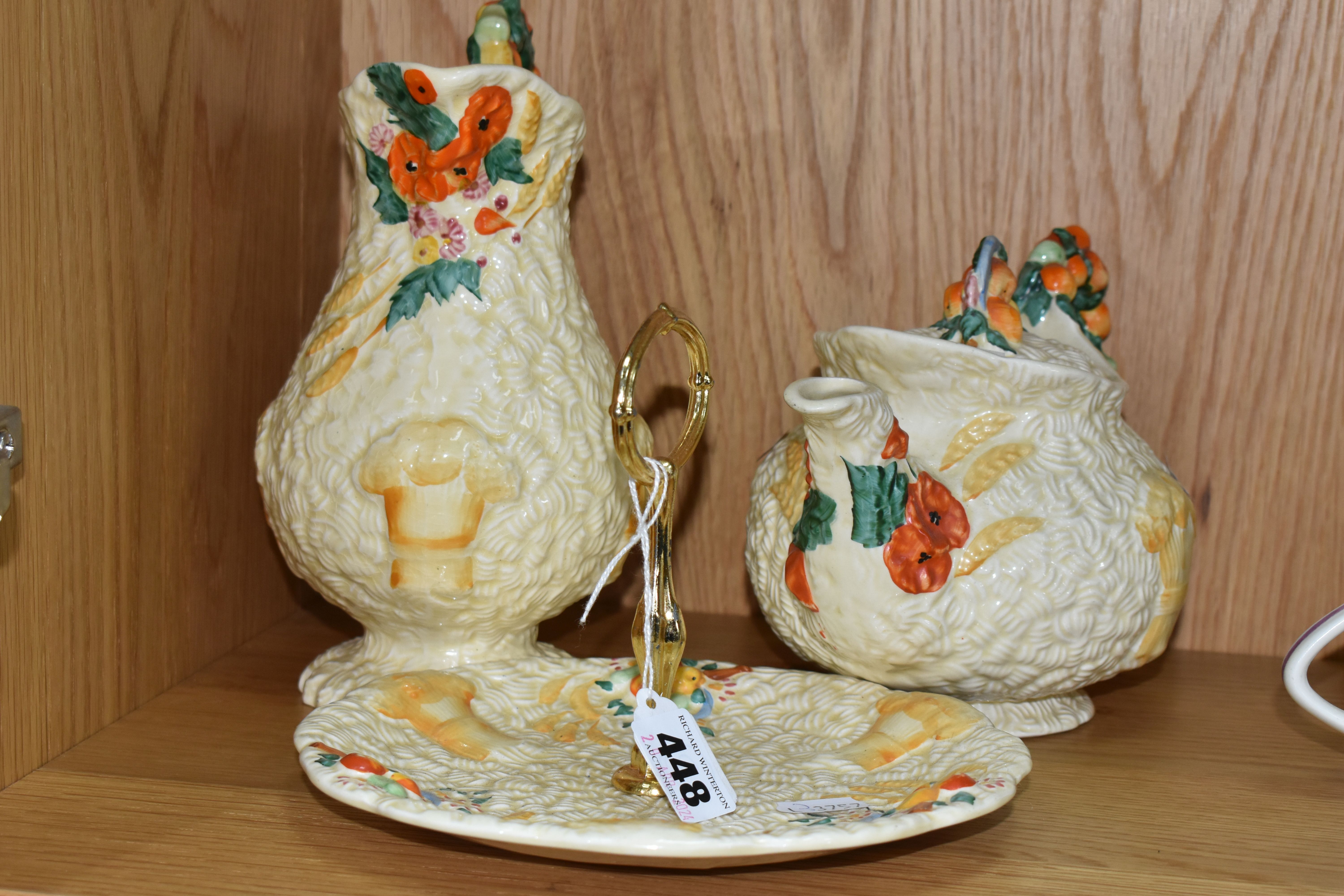 THREE PIECES OF CLARICE CLIFF 'CELTIC HARVEST' PATTERN TEA WARE, comprising a single tier cake - Image 6 of 11