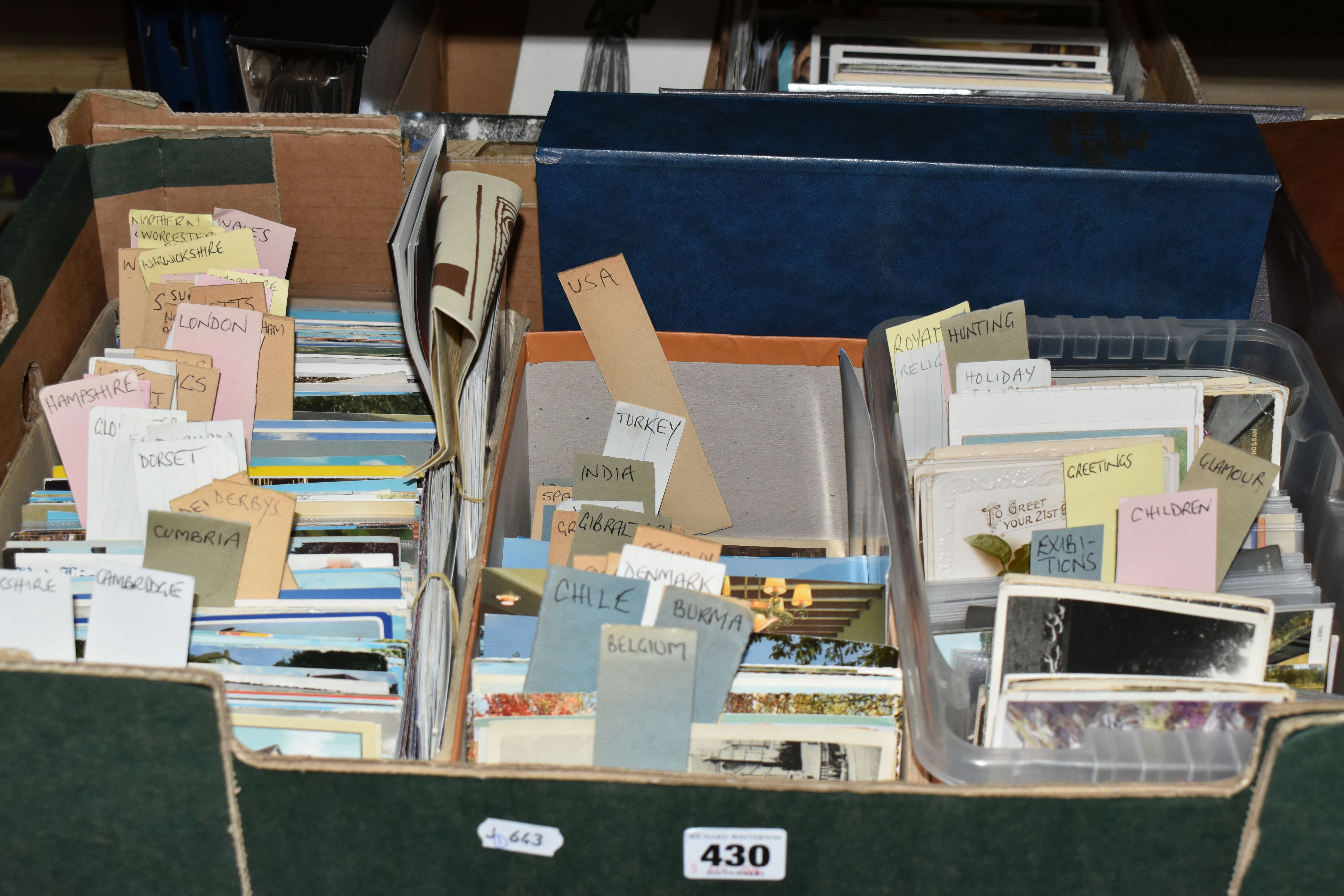 TWO BOXES OF POSTCARDS, hundreds of mainly late twentieth century/modern cards, with some early