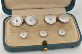 A BOXED SET OF VINTAGE 'TIFFANY & CO' GENTS CUFFLINKS AND SHIRT STUDS, yellow and white metal